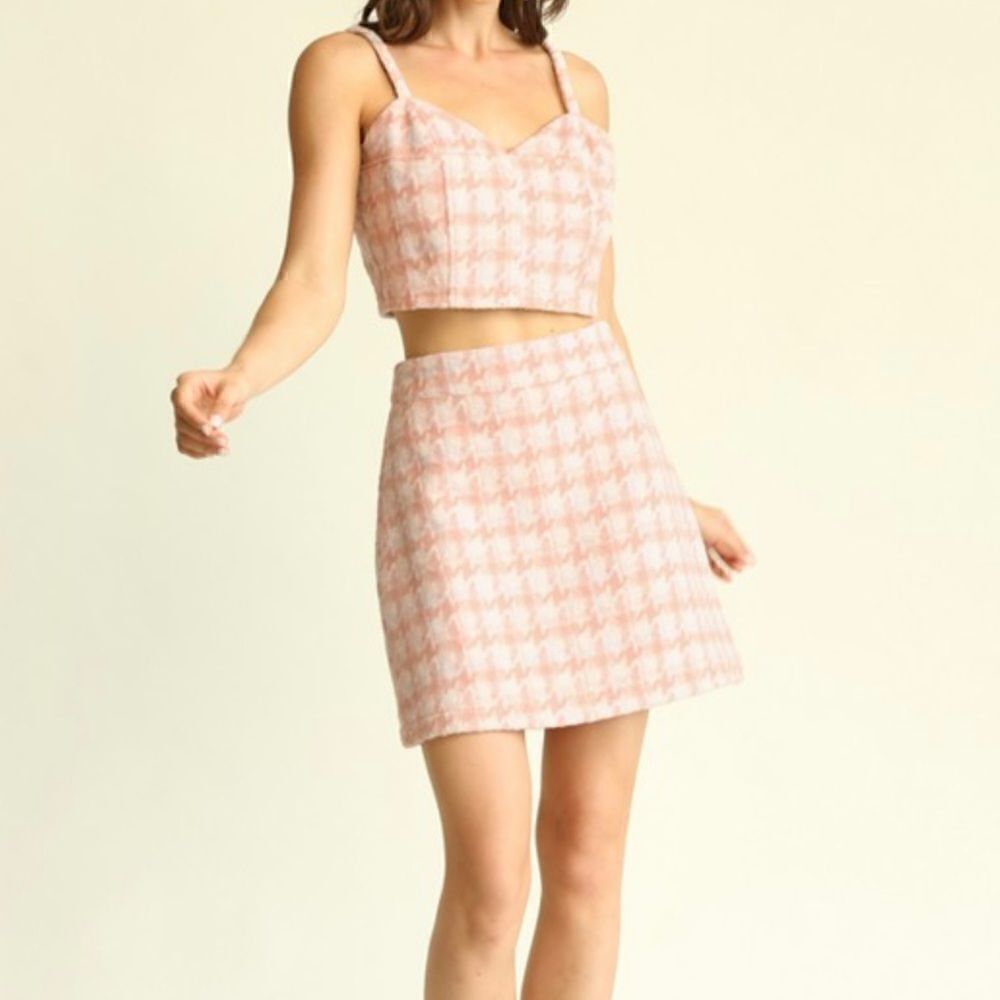 Pink houndstooth skirt set